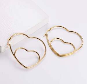 Jewelry Stainless Steel Gold Toned Double Layer Heart Hoop Earrings